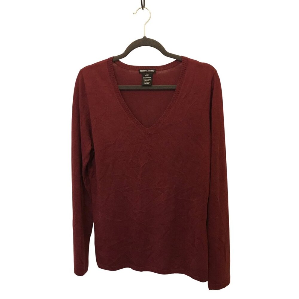 Cashmere & Silk Pamela Dennis Red V-Neck Sweater Medium Soft Lightweight SEE